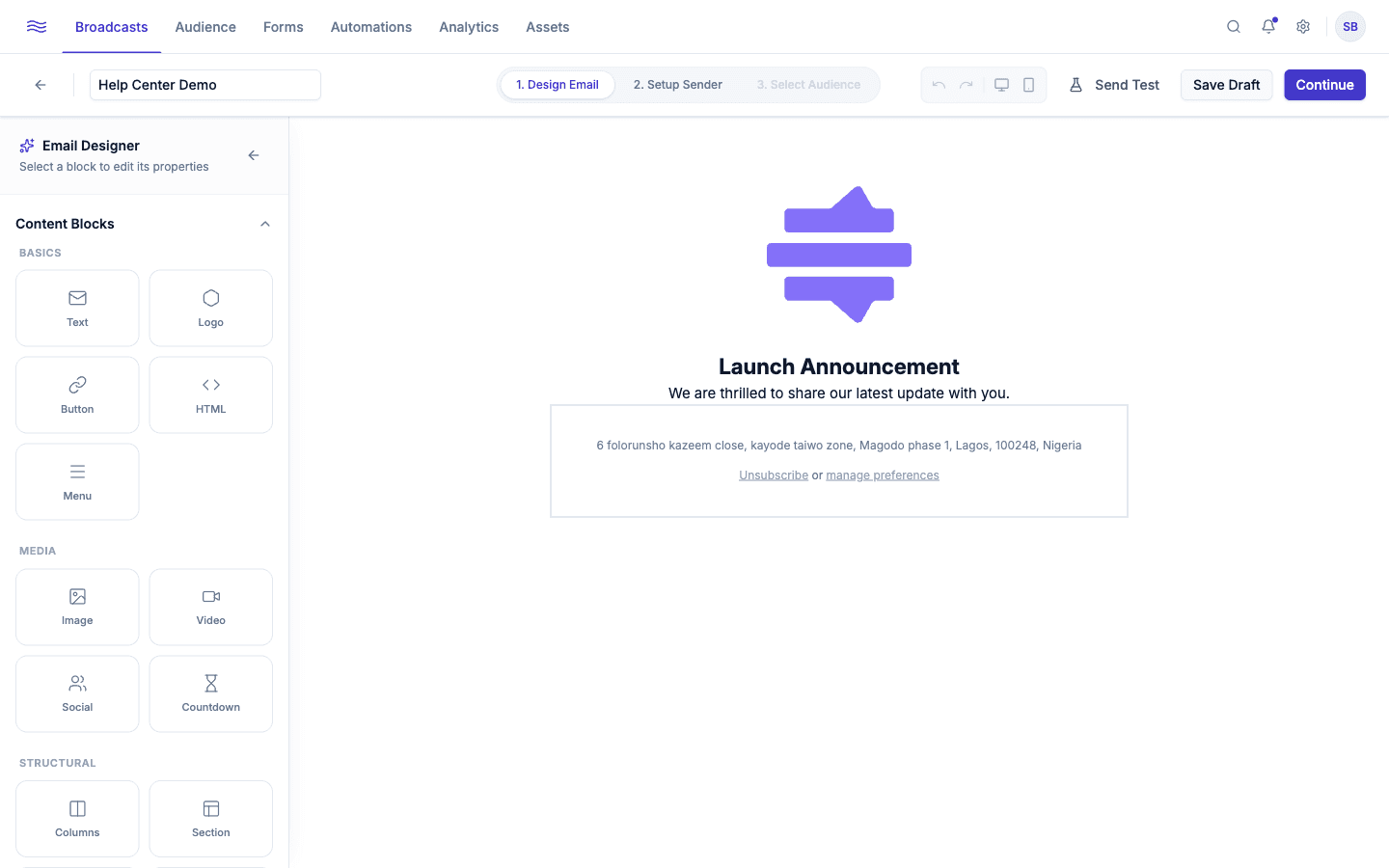 Email canvas — block palette on the left, live preview center