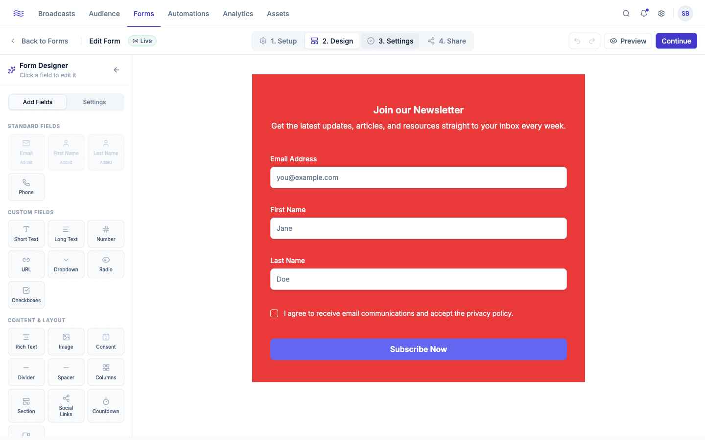 Form Design step — canvas with Add Field popover open