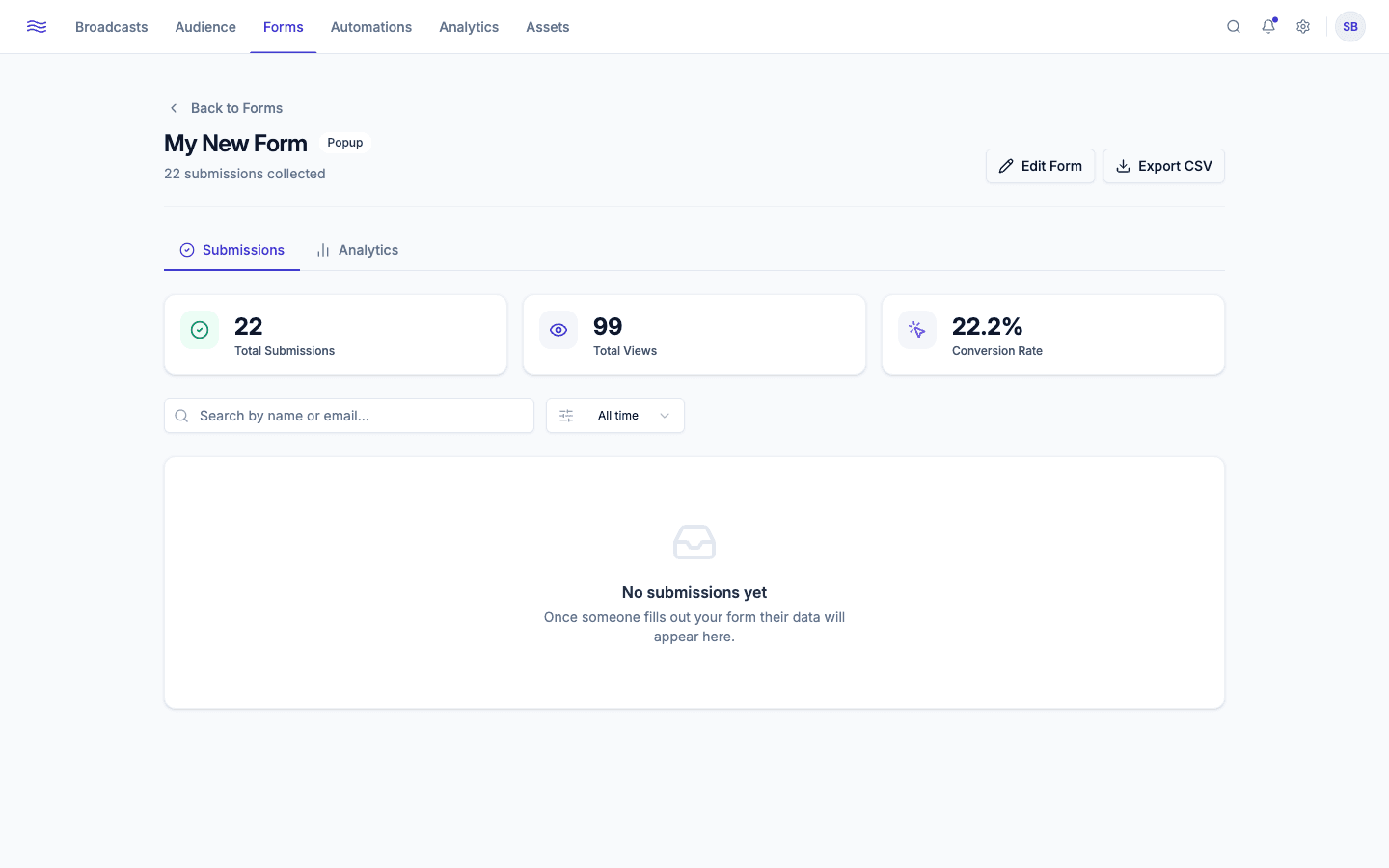 Form submissions — table with search and date filter