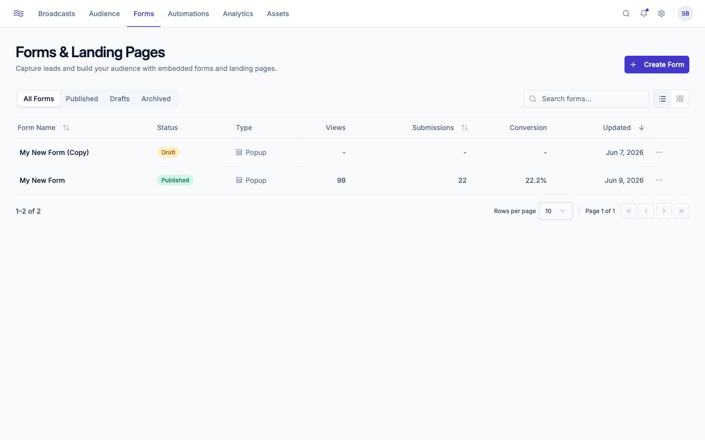Forms list — status and type columns