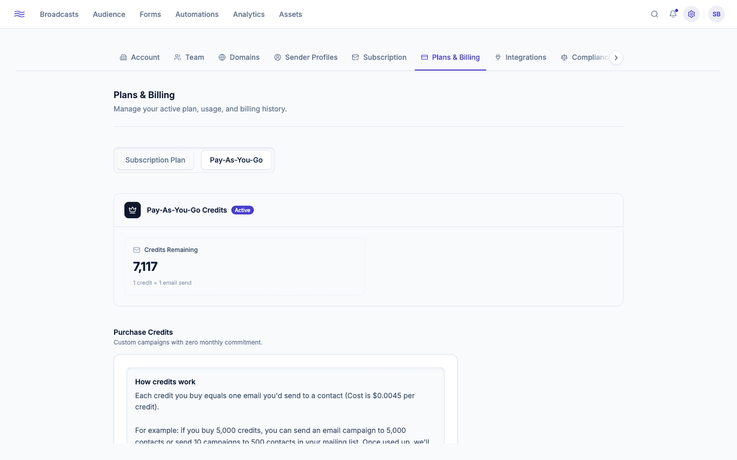 Settings → Billing — usage summary and plan tiers
