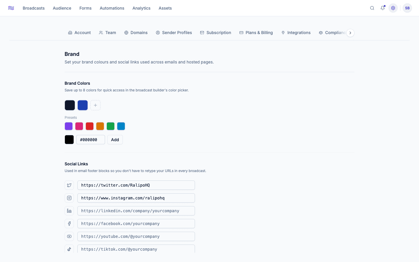 Settings → Brand — color swatches and social links