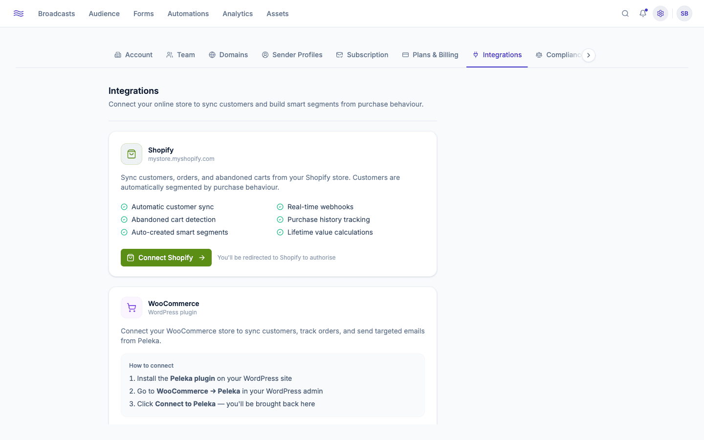 Settings → Integrations — Shopify and WooCommerce cards