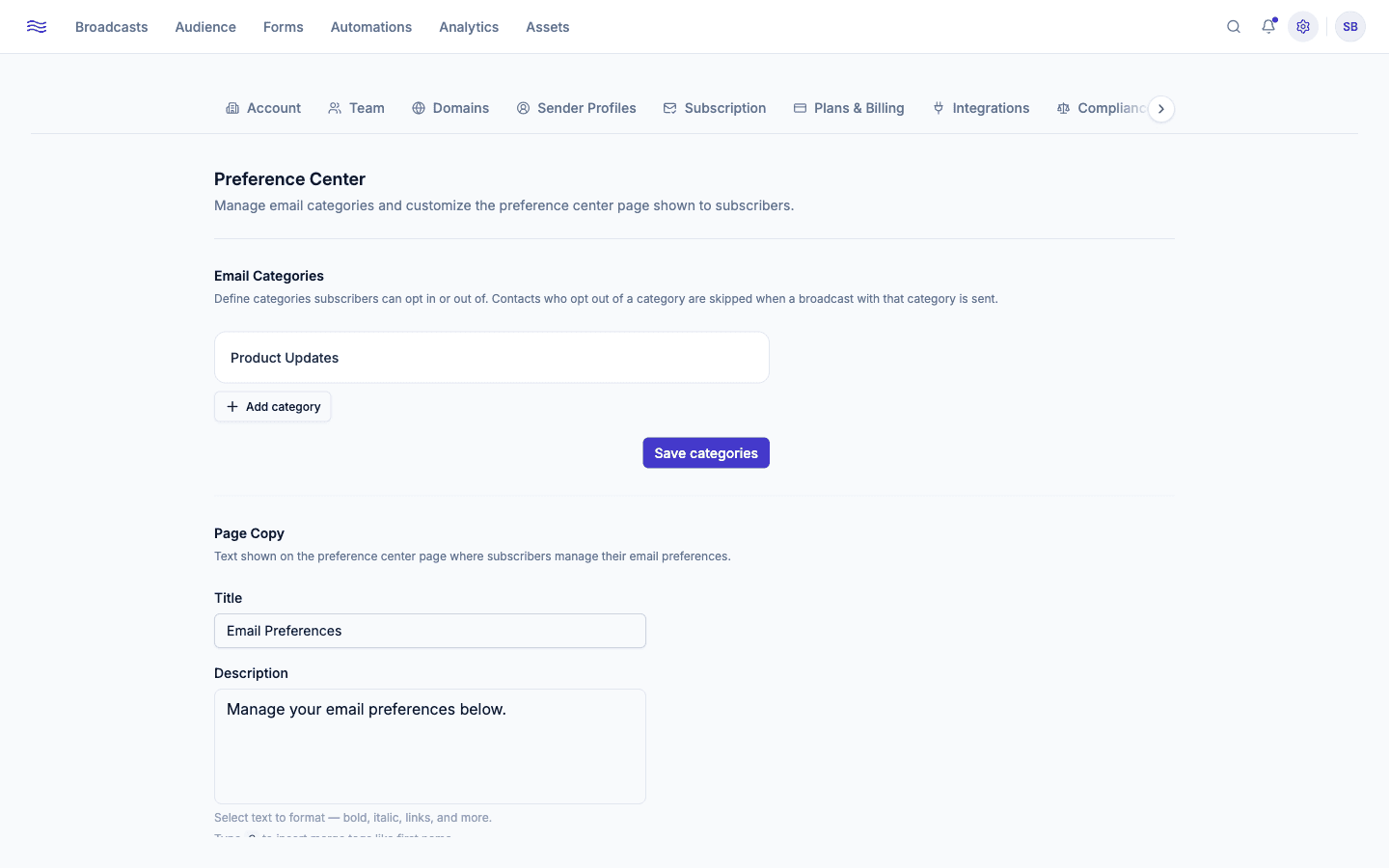 Settings → Preference Center — email categories list