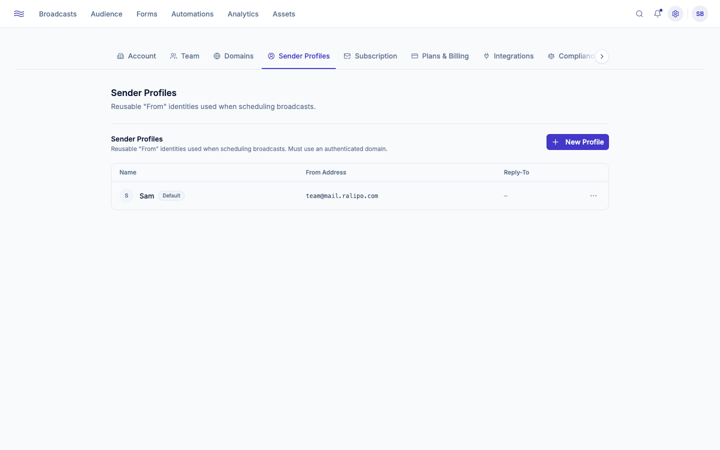 Settings → Sender Profiles — table with default badge