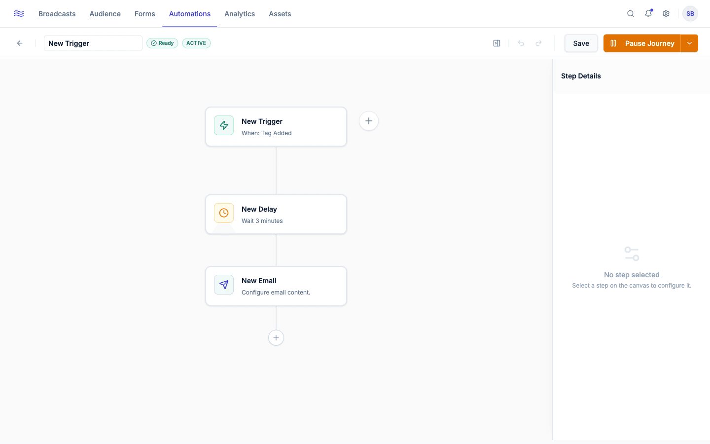 Automation canvas — trigger, email, delay, and condition nodes connected