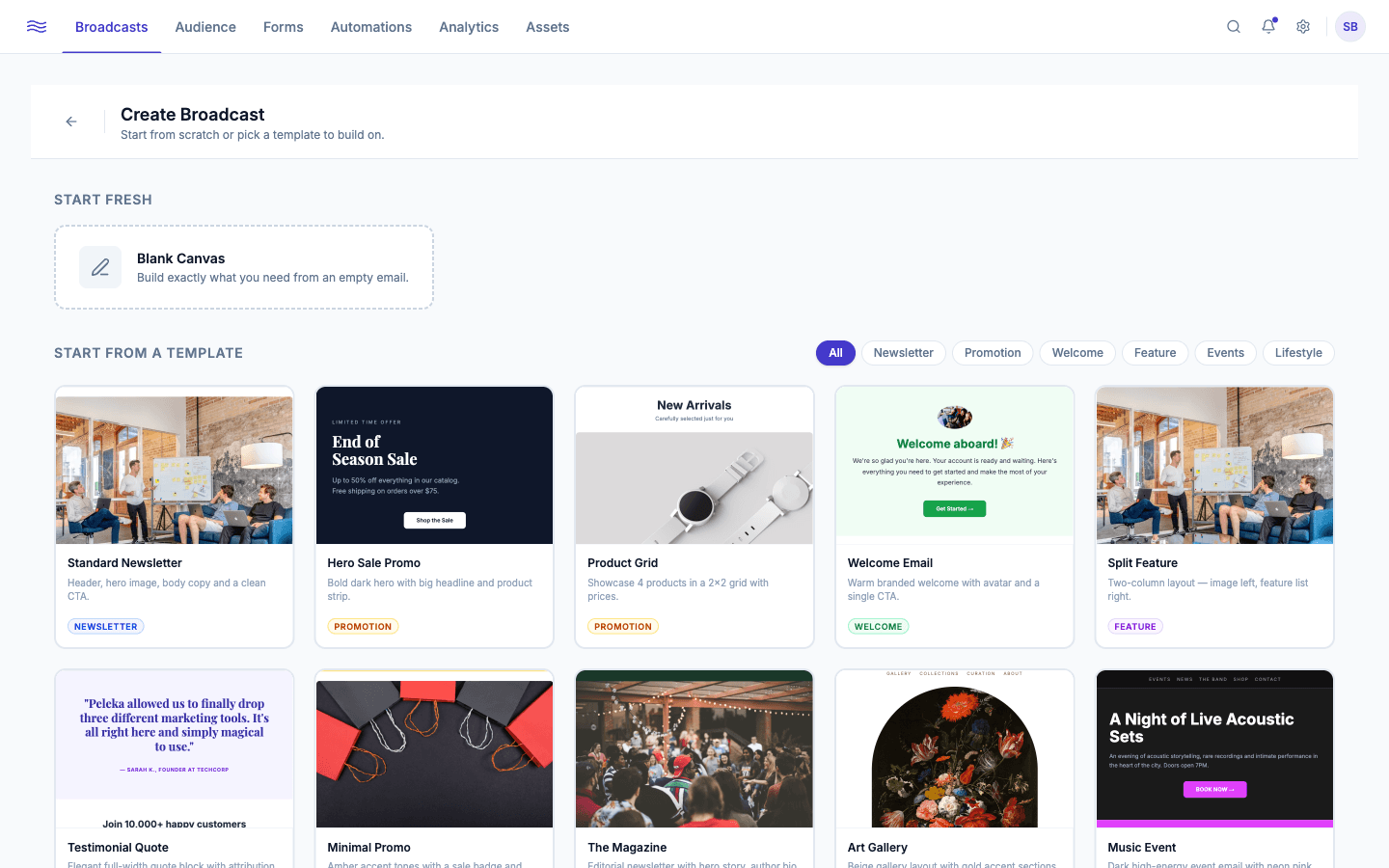Templates tab — gallery with category filters