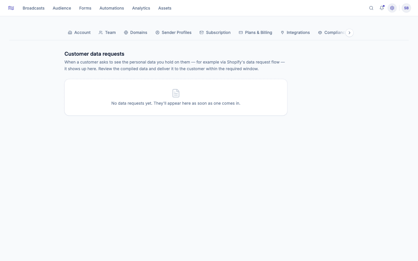 Settings → Data Requests — pending and fulfilled