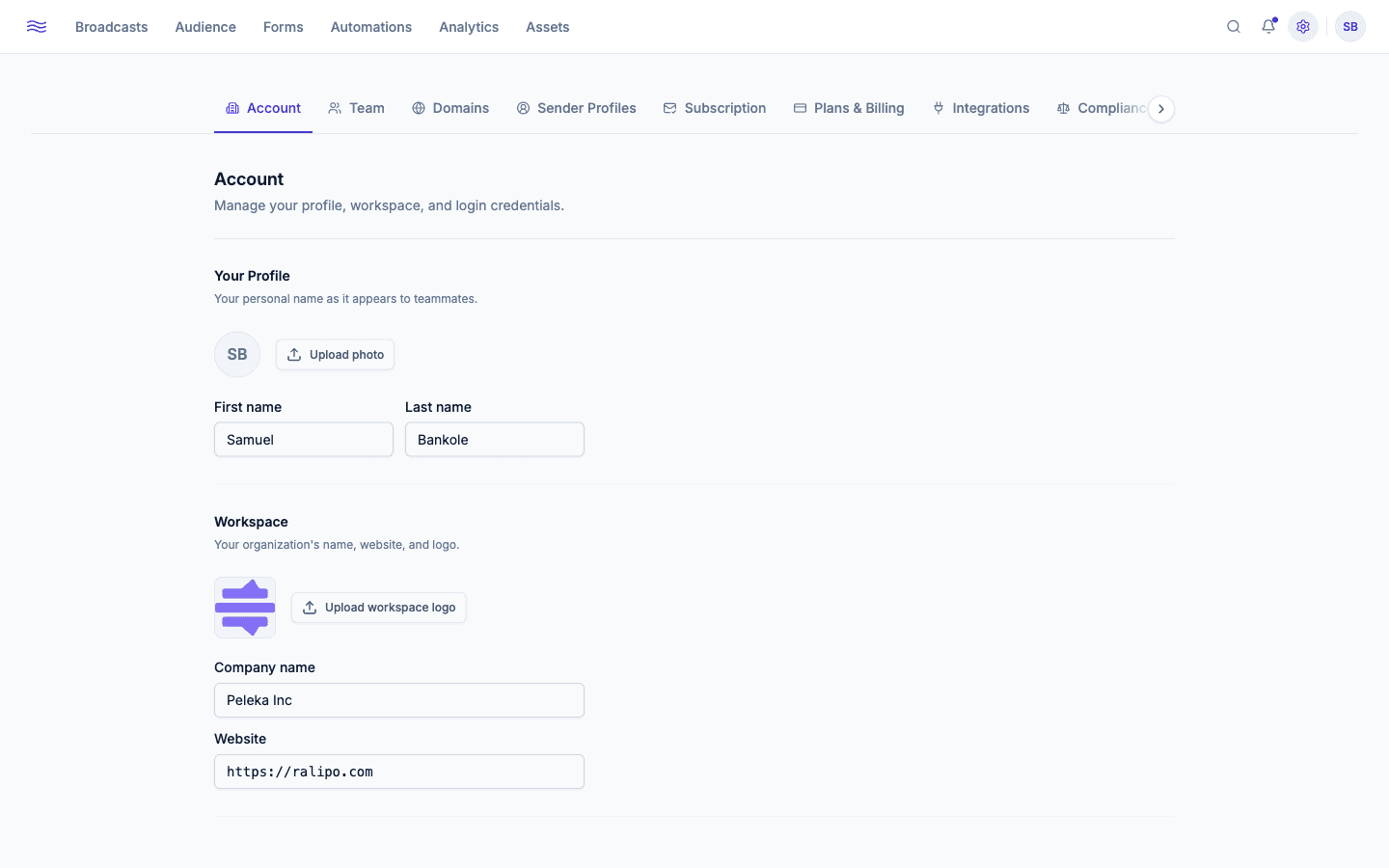 Settings → Account — profile, workspace, and security sections