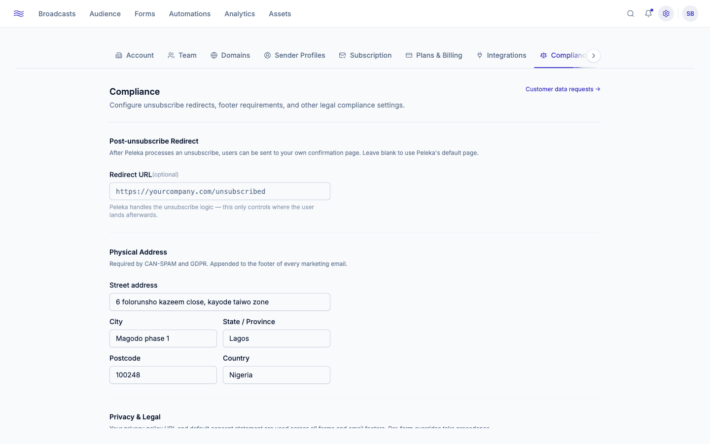 Settings → Compliance — physical address and data retention