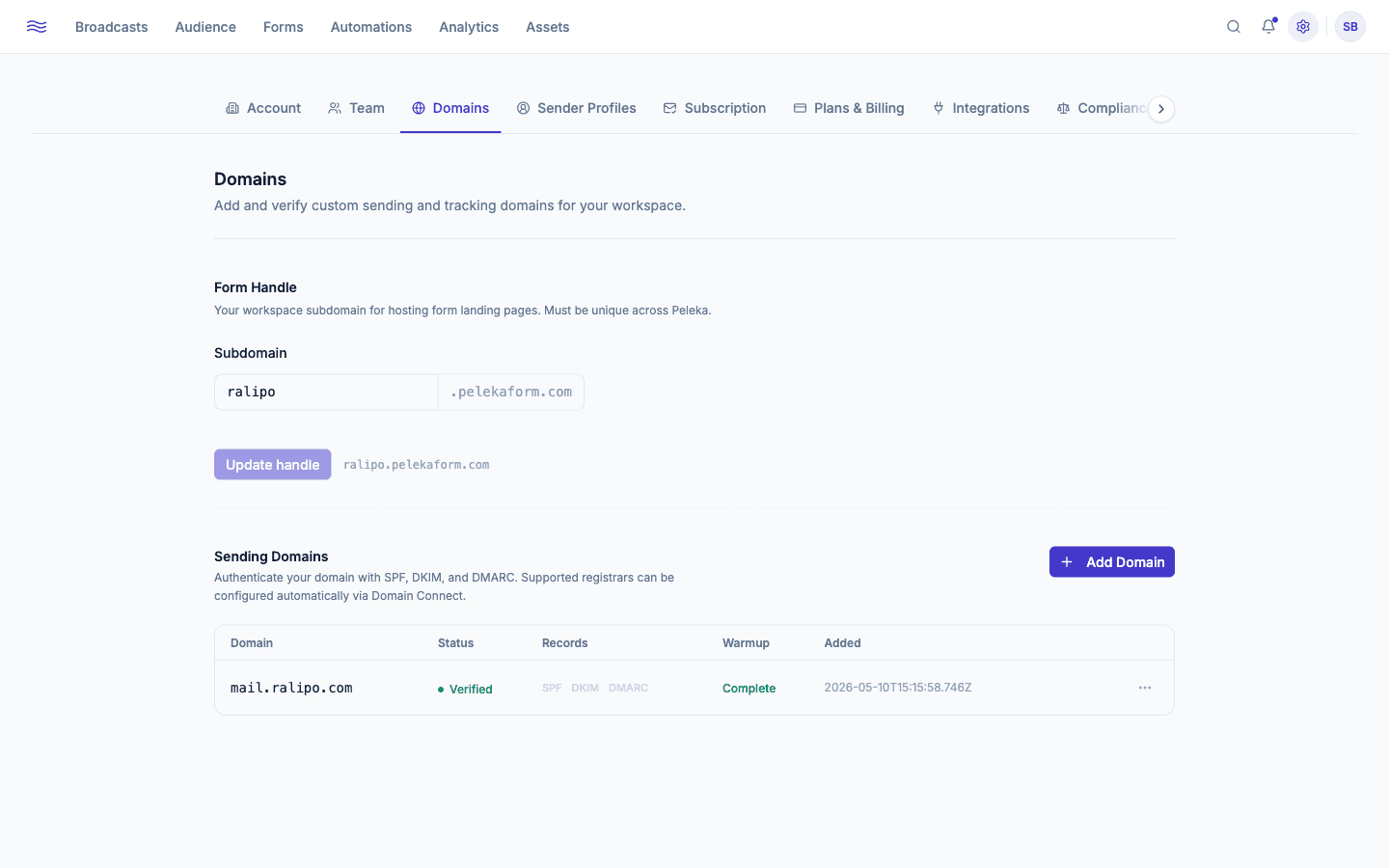 Settings → Domains — sending domains table with status