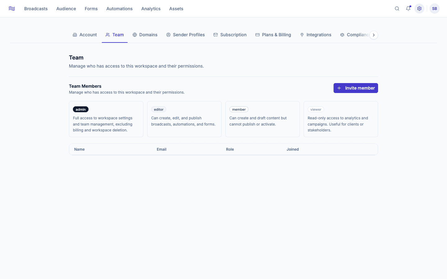 Settings → Team — role guide cards and member table